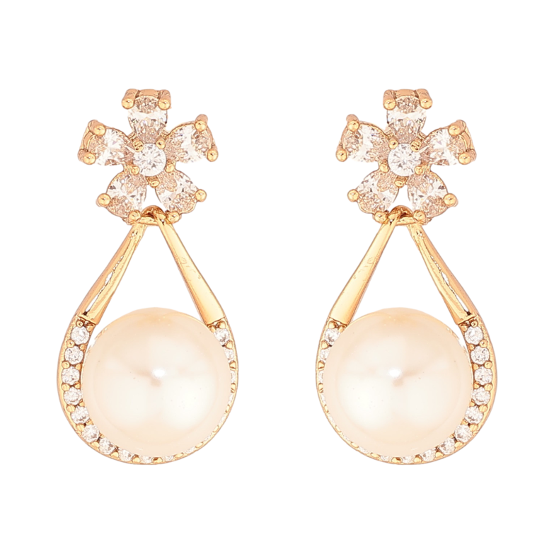 Серьги Xuping цвет Позолота 18К пусеты "Кристальные цветочки с жемчужными подвесками" фото №1