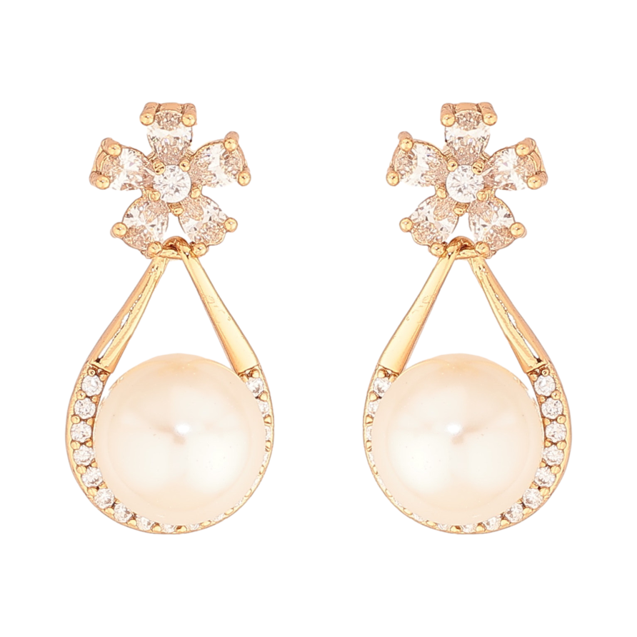 Серьги Xuping цвет Позолота 18К пусеты "Кристальные цветочки с жемчужными подвесками" фото №1