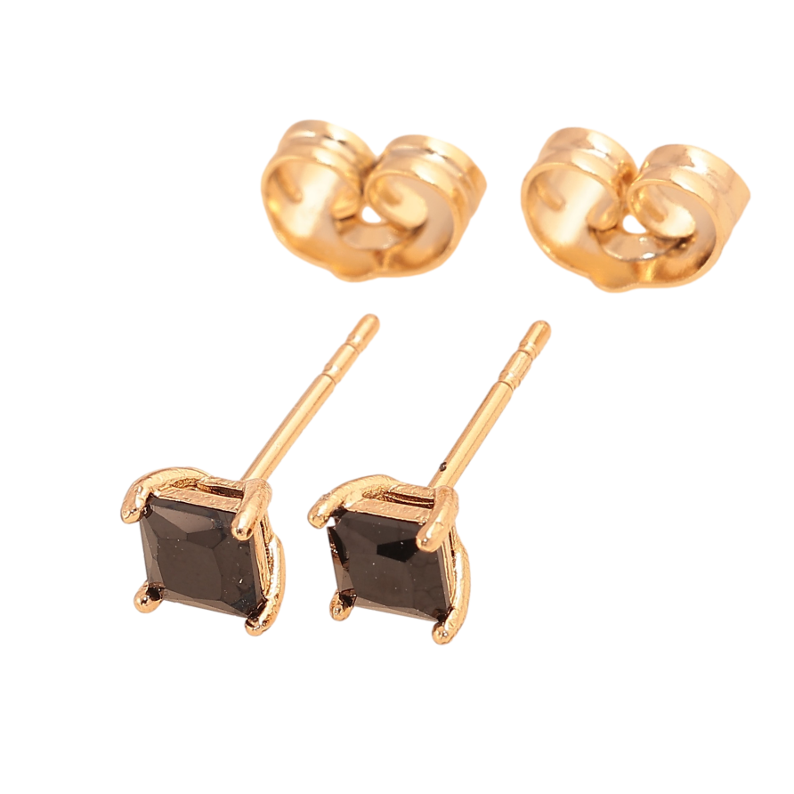 Серьги Xuping цвет Позолота 18К пусеты "Черные кристаллы в 4-х крапановой оправе" 4х4мм фото №1