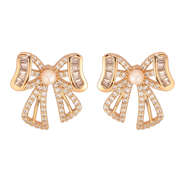 Сережки Xuping колір Позолота 18К пусети "Банти з перлинами та кристалами" фото №1