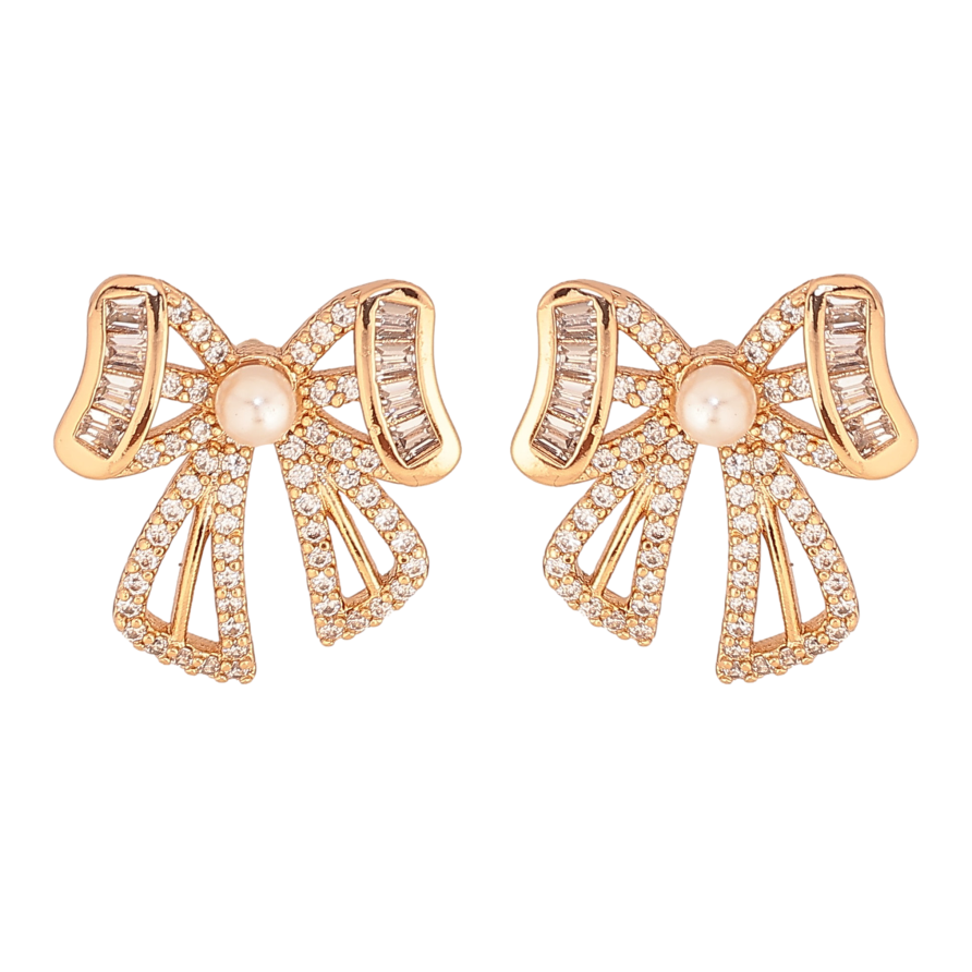 Сережки Xuping колір Позолота 18К пусети "Банти з перлинами та кристалами" фото №1