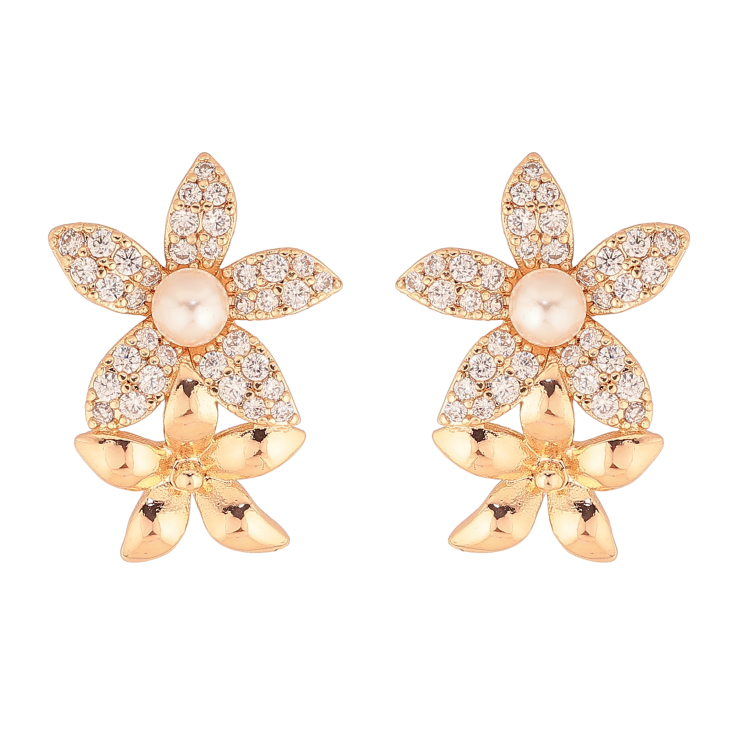 Серьги Xuping цвет Позолота 18К пусеты "Цветочки с кристаллами и жемчужинками" фото №2