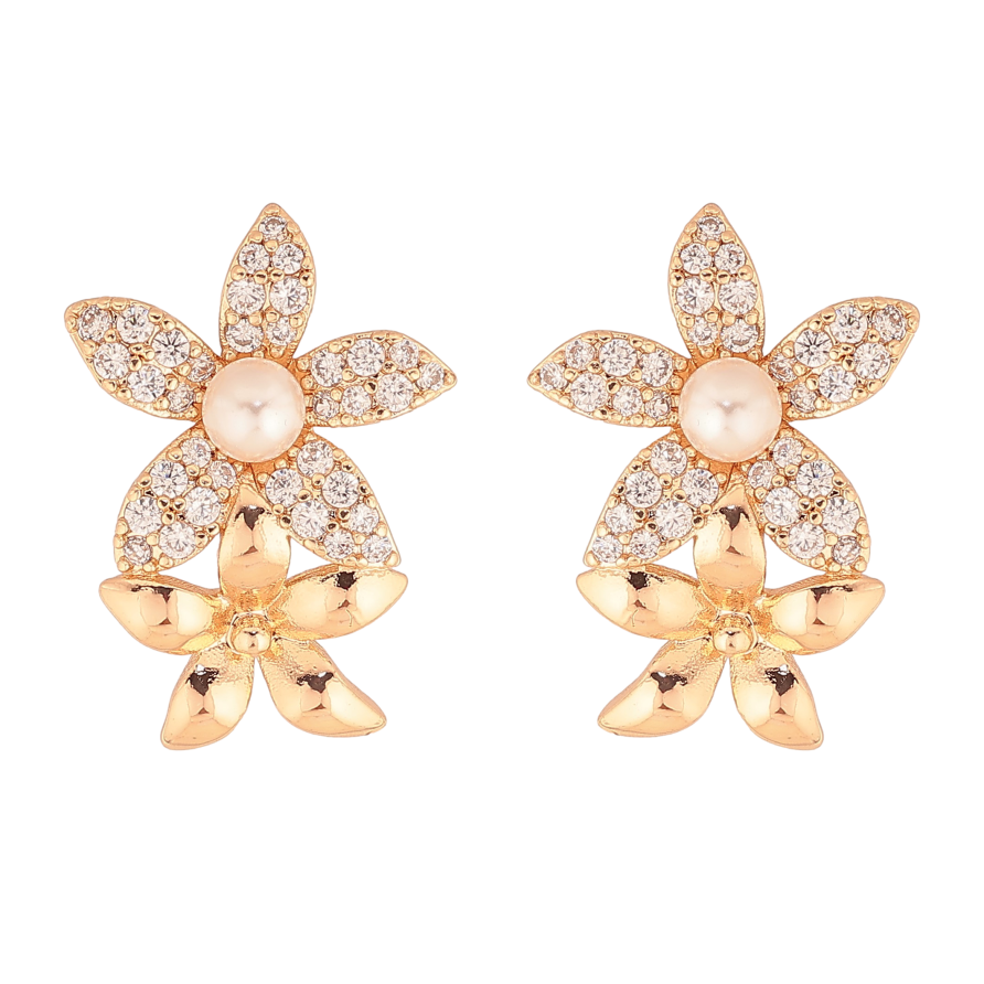 Серьги Xuping цвет Позолота 18К пусеты "Цветочки с кристаллами и жемчужинками" фото №1