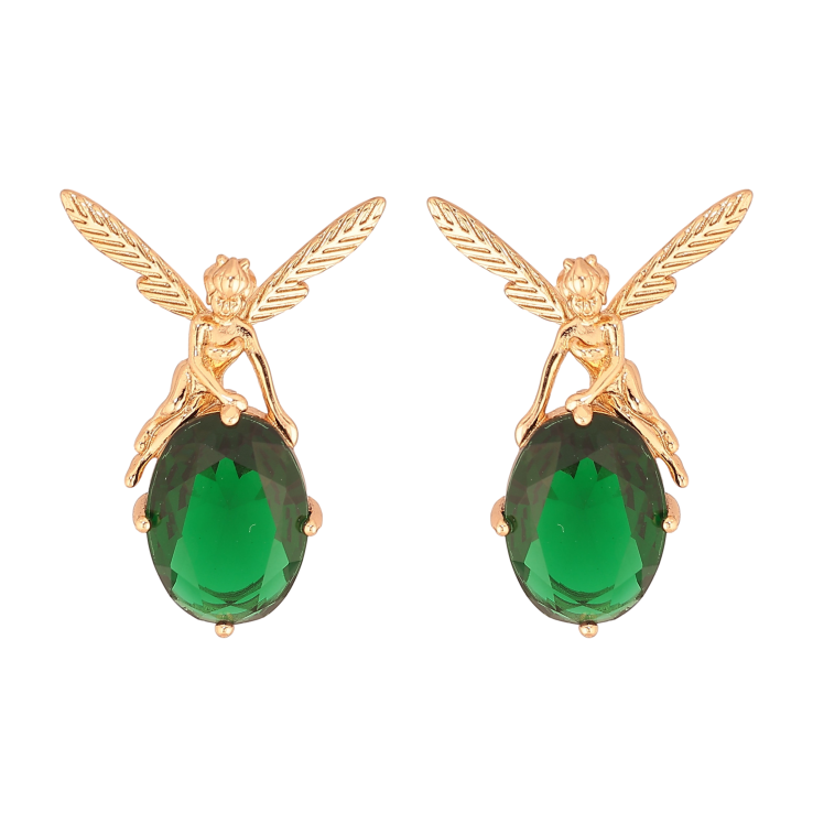 Серьги Xuping цвет Позолота 18К пусеты "Феи на зеленых кристаллах" фото №7