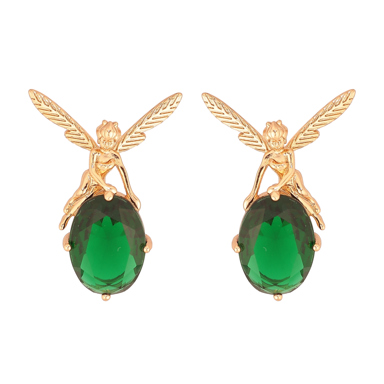 Серьги Xuping цвет Позолота 18К пусеты "Феи на зеленых кристаллах" фото №1
