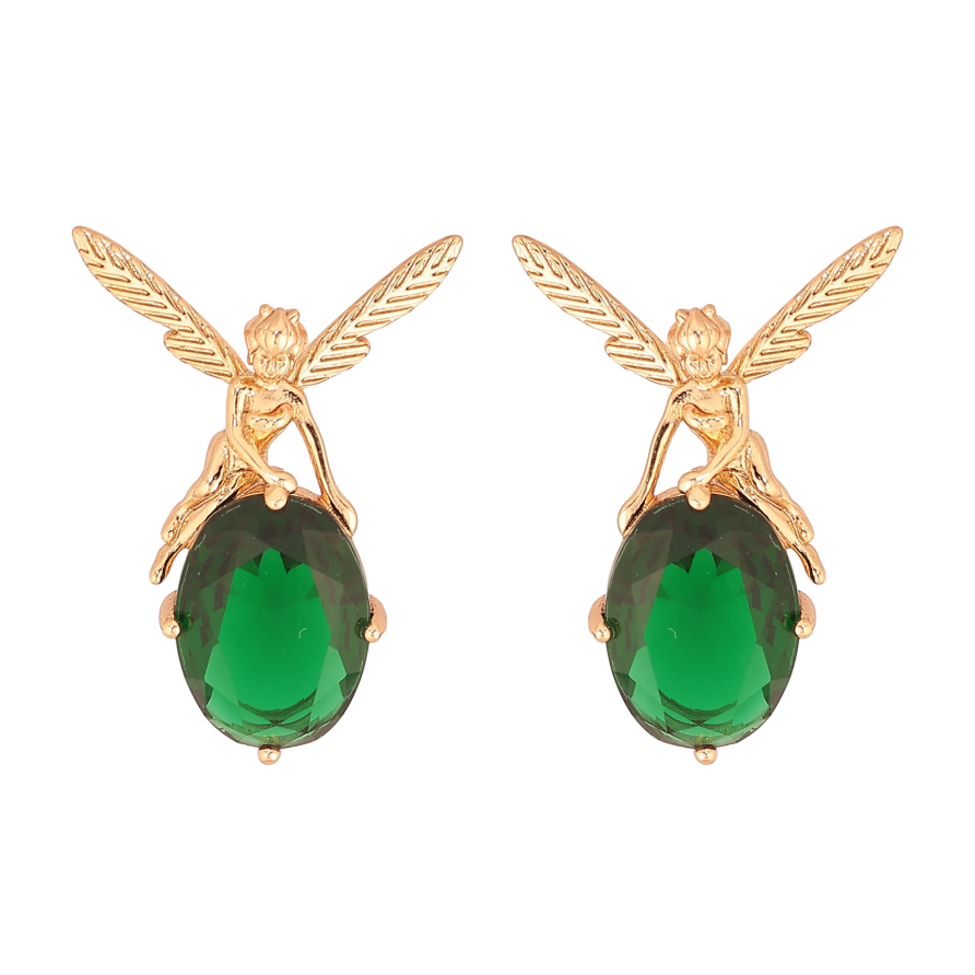 Серьги Xuping цвет Позолота 18К пусеты "Феи на зеленых кристаллах" фото №1