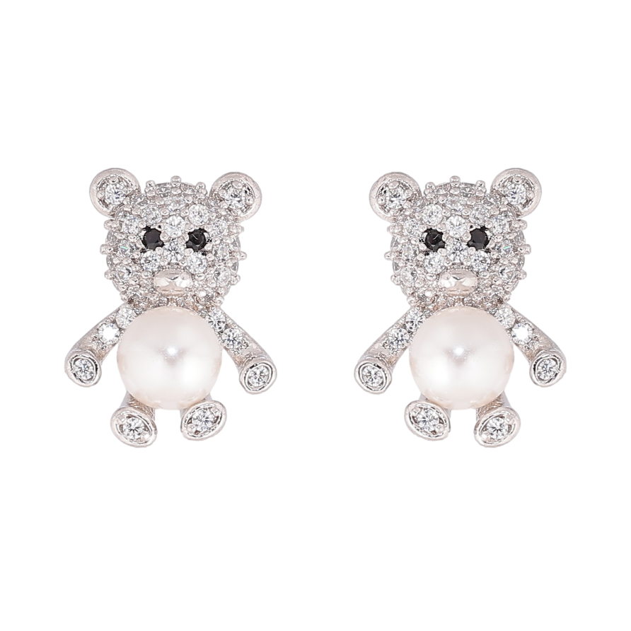 Серьги Xuping цвет Родий пусеты "Мишки с инкрустацией кристаллами и жемчужинами" фото №1