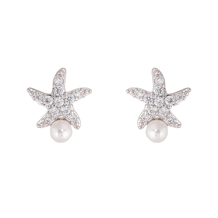 Серьги Xuping цвет Родий пусеты "Морские звезды с жемчужинками" фото №15