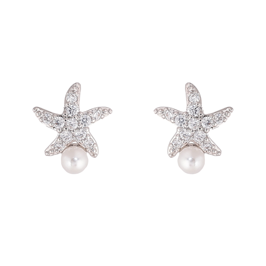 Серьги Xuping цвет Родий пусеты "Морские звезды с жемчужинками" фото №1