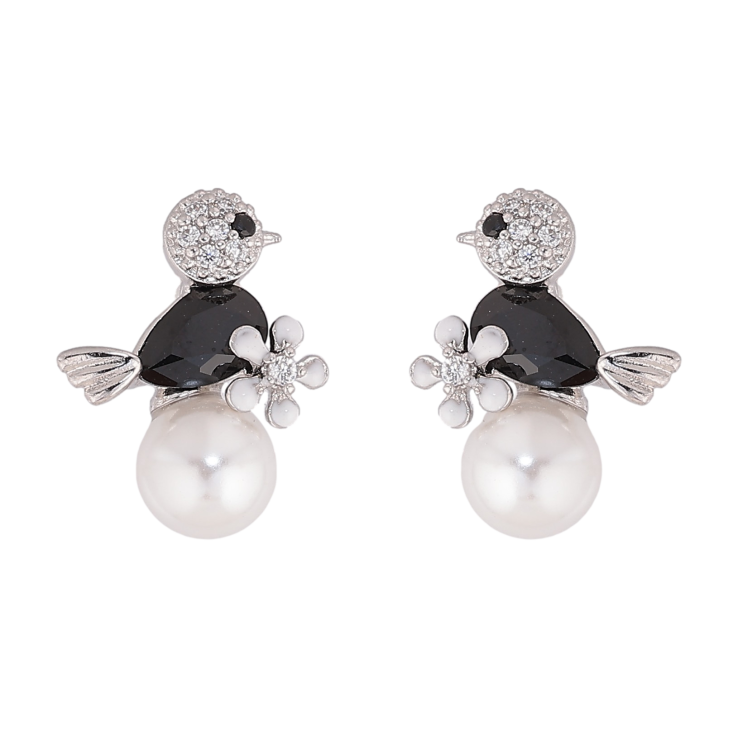 Серьги Xuping цвет Родий пусеты "Птичка с черным кристаллом на жемчужине" фото №13