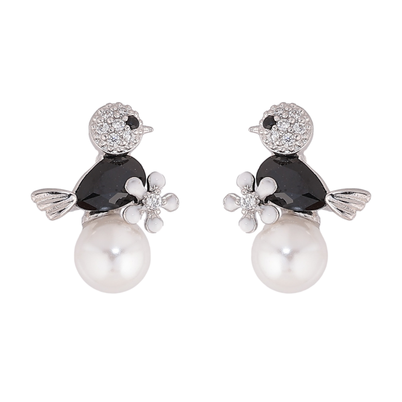 Серьги Xuping цвет Родий пусеты "Птичка с черным кристаллом на жемчужине" фото №3