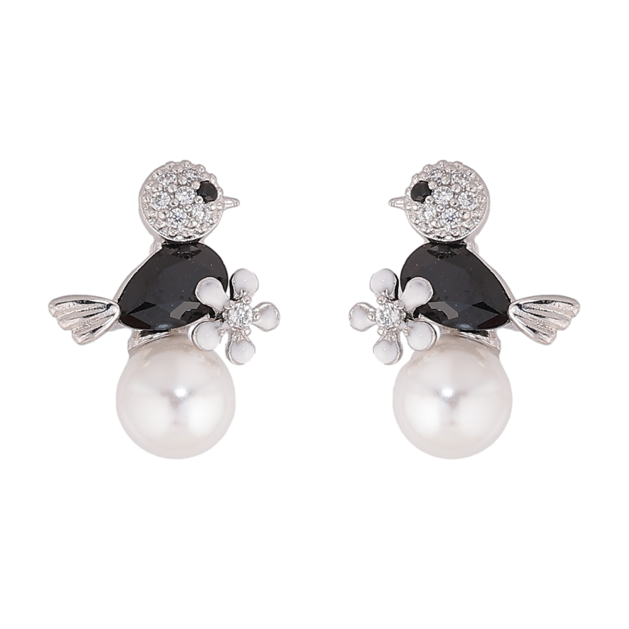 Серьги Xuping цвет Родий пусеты "Птичка с черным кристаллом на жемчужине" фото №1