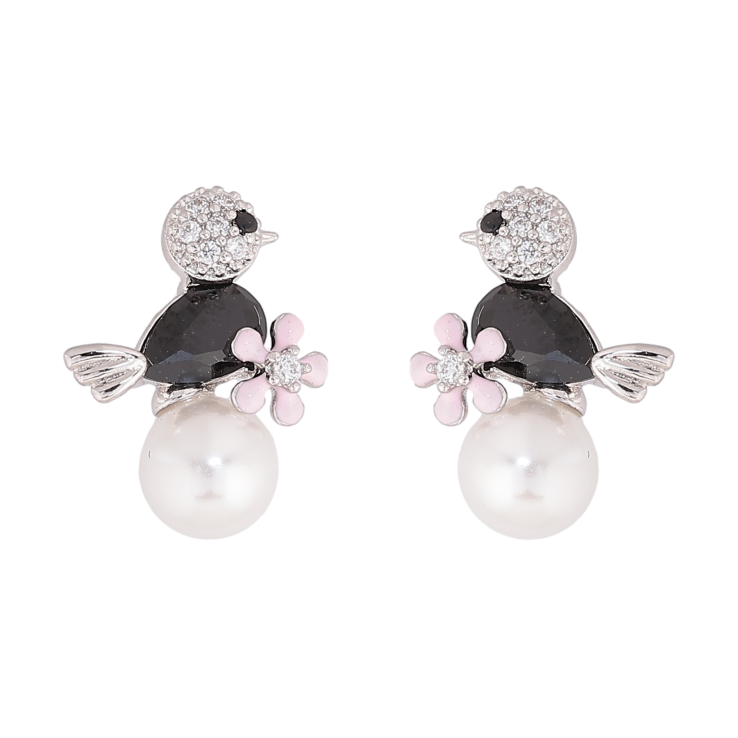 Серьги Xuping цвет Родий пусеты "Птичка с черным кристаллом на жемчужине" фото №11