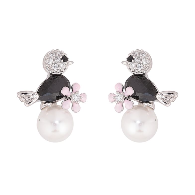 Серьги Xuping цвет Родий пусеты "Птичка с черным кристаллом на жемчужине" фото №1