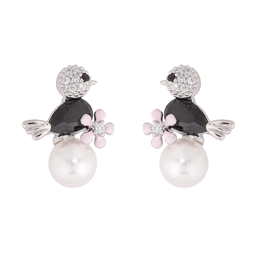 Серьги Xuping цвет Родий пусеты "Птичка с черным кристаллом на жемчужине" фото №1