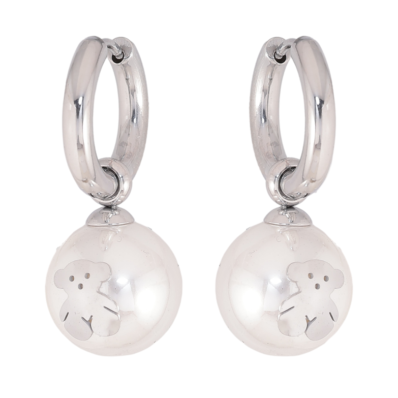 Сережки Нержавіюча сталь підвіски на колечках "Перлини з ведмедиками" 2 в 1, ø 14мм фото №1