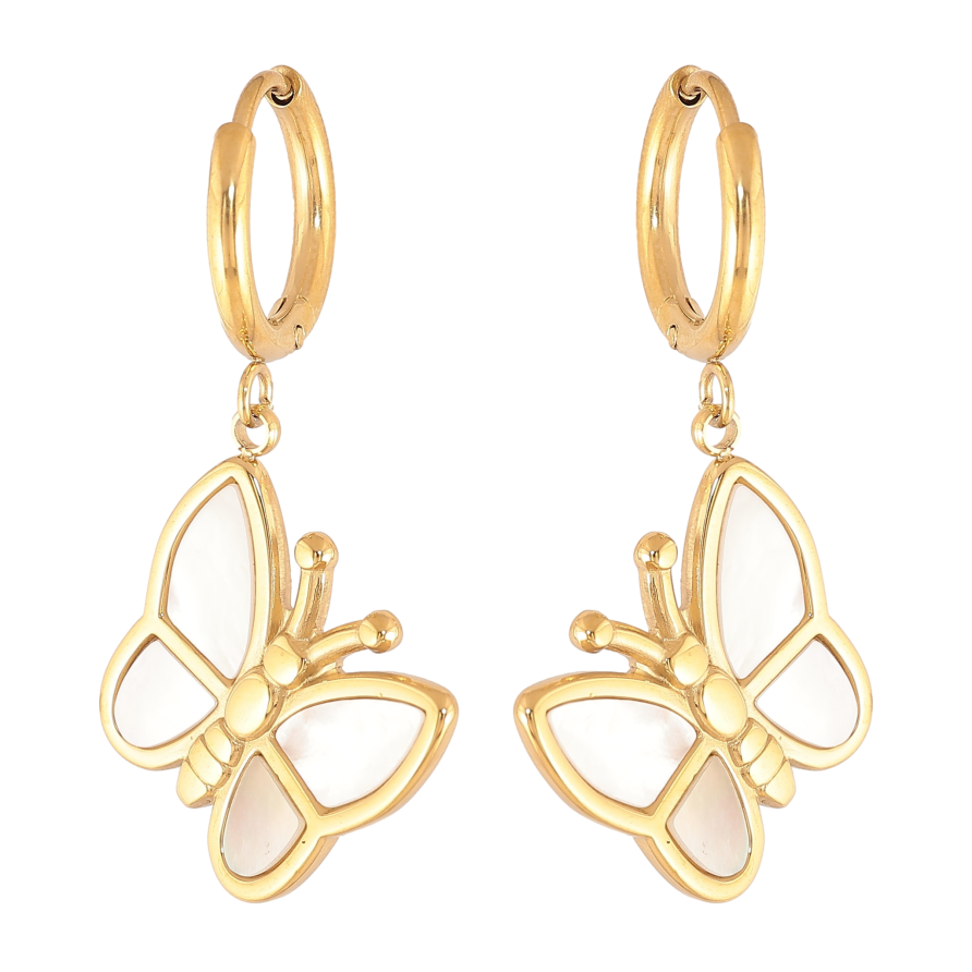 Сережки Нержавіюча сталь підвіски на колечках "Метелики з перламутровими вставками" фото №1