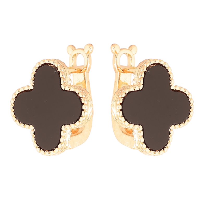 Серьги Нержавеющая сталь английский замок "Клевер с черными вставками" фото №1