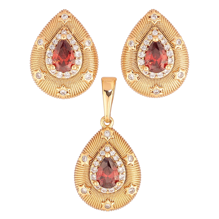 Набір Xuping колір Позолота 18K сережки кулон "Крапельки з візерунком та червоними кристалами" фото №14 Набір Xuping колір Позолота 18K сережки кулон "Крапельки з візерунком та червоними кристалами" фото №14