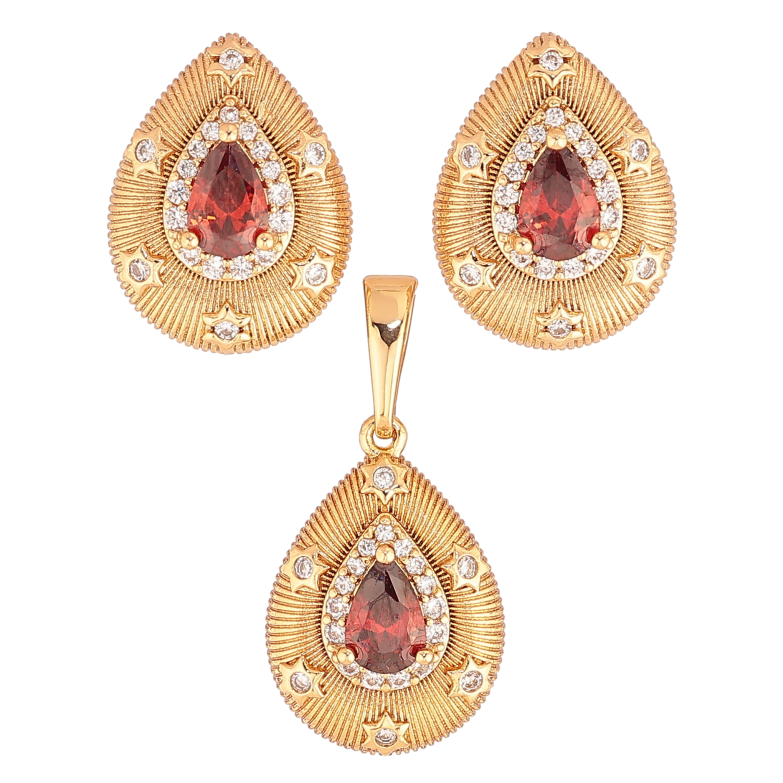 Набір Xuping колір Позолота 18K сережки кулон "Крапельки з візерунком та червоними кристалами" фото №1