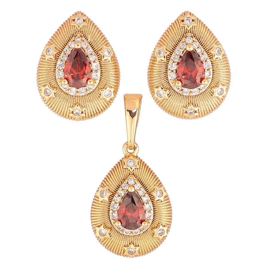 Набір Xuping колір Позолота 18K сережки кулон "Крапельки з візерунком та червоними кристалами" фото №1