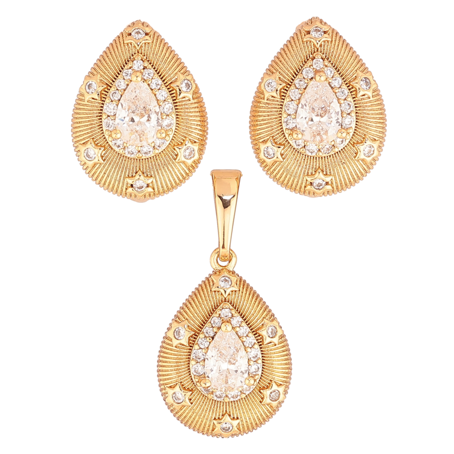 Набір Xuping колір Позолота 18K сережки кулон "Крапельки з візерунком та кристалами" фото №1 Набір Xuping колір Позолота 18K сережки кулон "Крапельки з візерунком та кристалами" фото №1