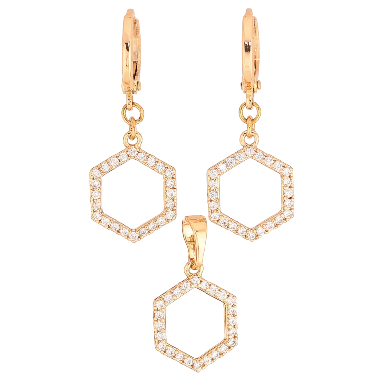 Набор Xuping цвет Позолота 18K серьги кулон "Шестиугольники с кристаллами" ø 12мм фото №1