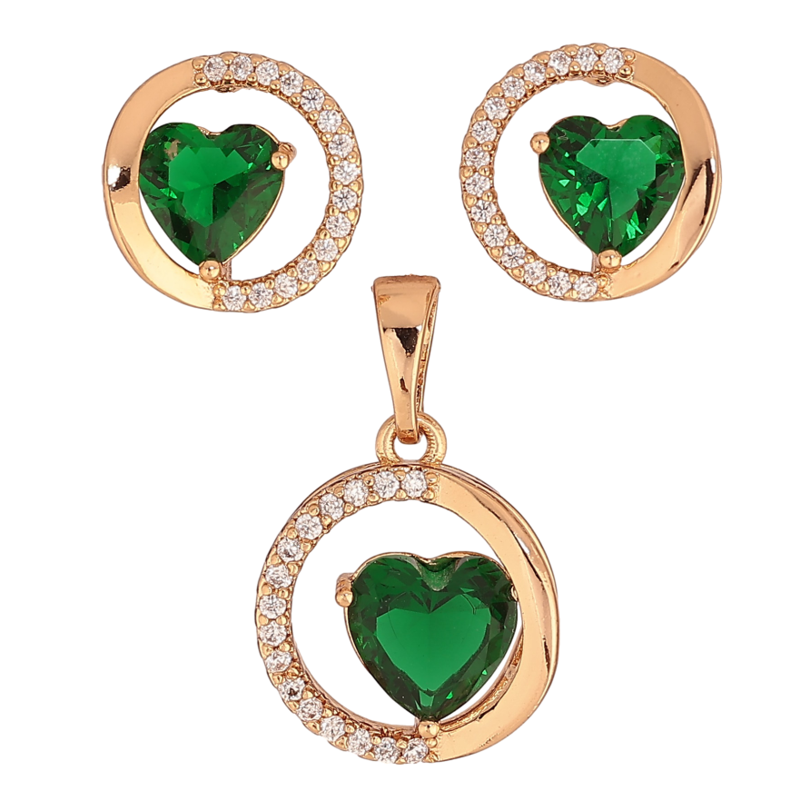 Набор Xuping цвет Позолота 18K серьги кулон "Колечки с зелеными кристальными сердечками" фото №1