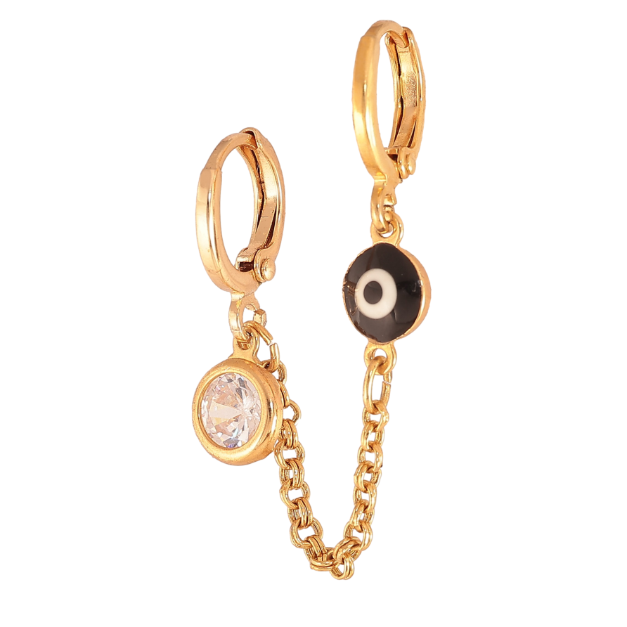 Моно-серьга Xuping цвет Позолота 18К подвески на колечках "Цепочка с кристаллом и оберегом Глаз Фатимы" фото №1