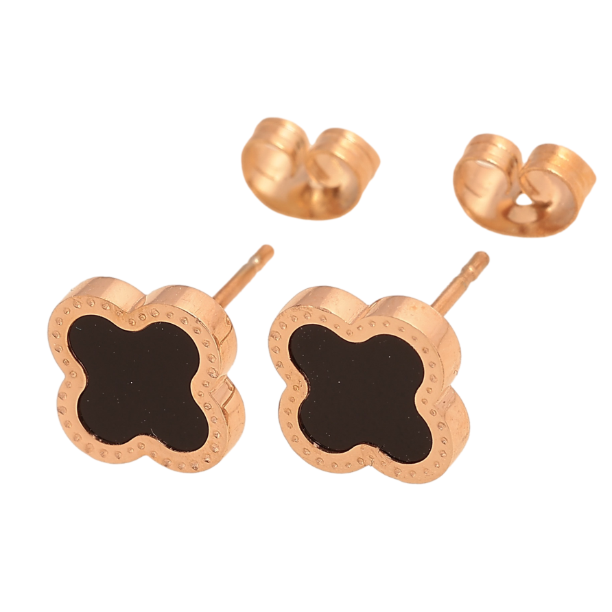 Набір Сережки Нержавіюча сталь пусети "Конюшина з чорними вставками" 9х9мм фото №1 Набір Сережки Нержавіюча сталь пусети "Конюшина з чорними вставками" 9х9мм фото №1