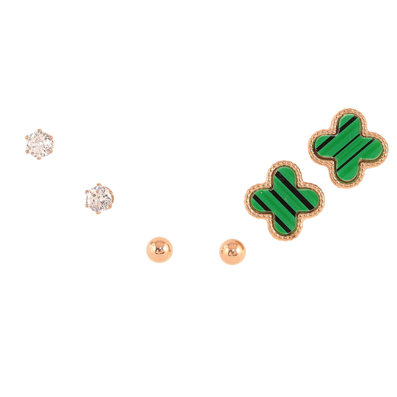 Набір Сережки Нержавіюча сталь пусети "Конюшина, кристали та кульки" ø 4мм, 10х10мм фото №1