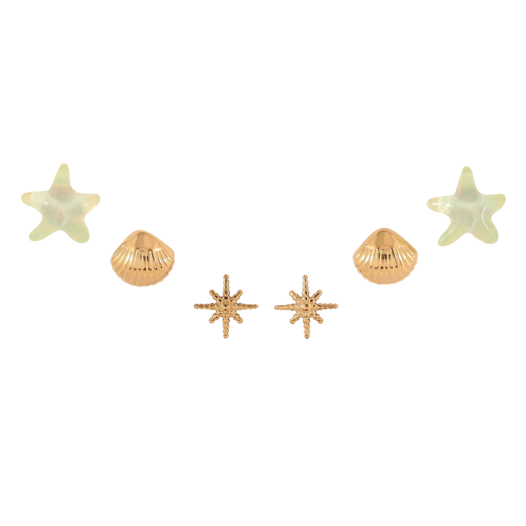 Серьги Набор (3 пары) Xuping TTM Stainless Steel цвет 14К пусеты "Морские звезды, ракушки и звезды" фото №9