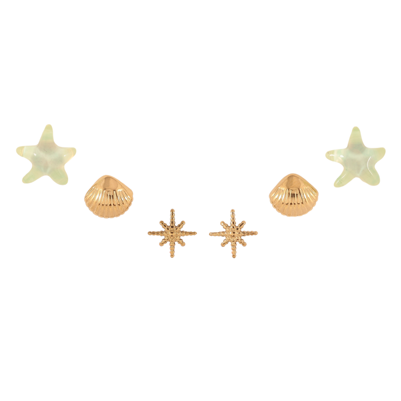 Серьги Набор (3 пары) Xuping TTM Stainless Steel цвет 14К пусеты "Морские звезды, ракушки и звезды" фото №1