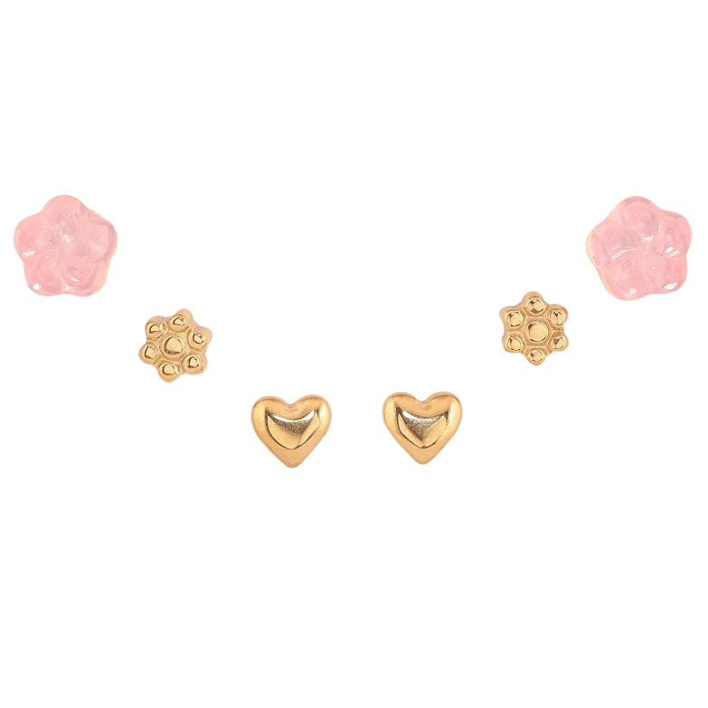 Сережки Набір (3 пари) Xuping TTM Stainless Steel колір 14К пусети "Дві квіточки і серце" фото №1