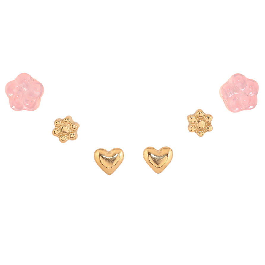 Сережки Набір (3 пари) Xuping TTM Stainless Steel колір 14К пусети "Дві квіточки і серце" фото №1