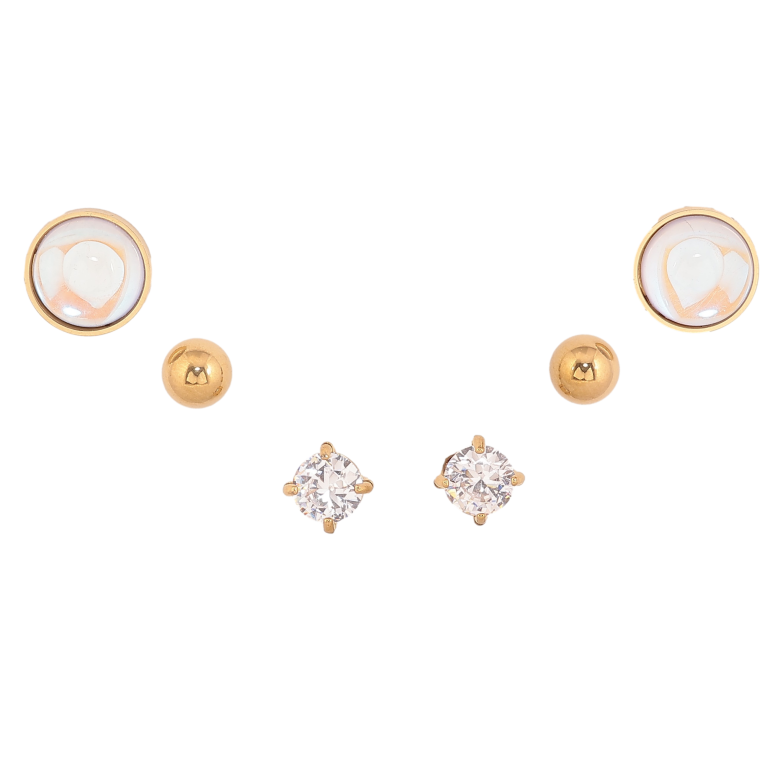 Серьги Набор (3 пары) Xuping TTM Stainless Steel цвет 14К пусеты "Два кристалла и шарик" ø 5мм, 5мм, 9мм фото №2