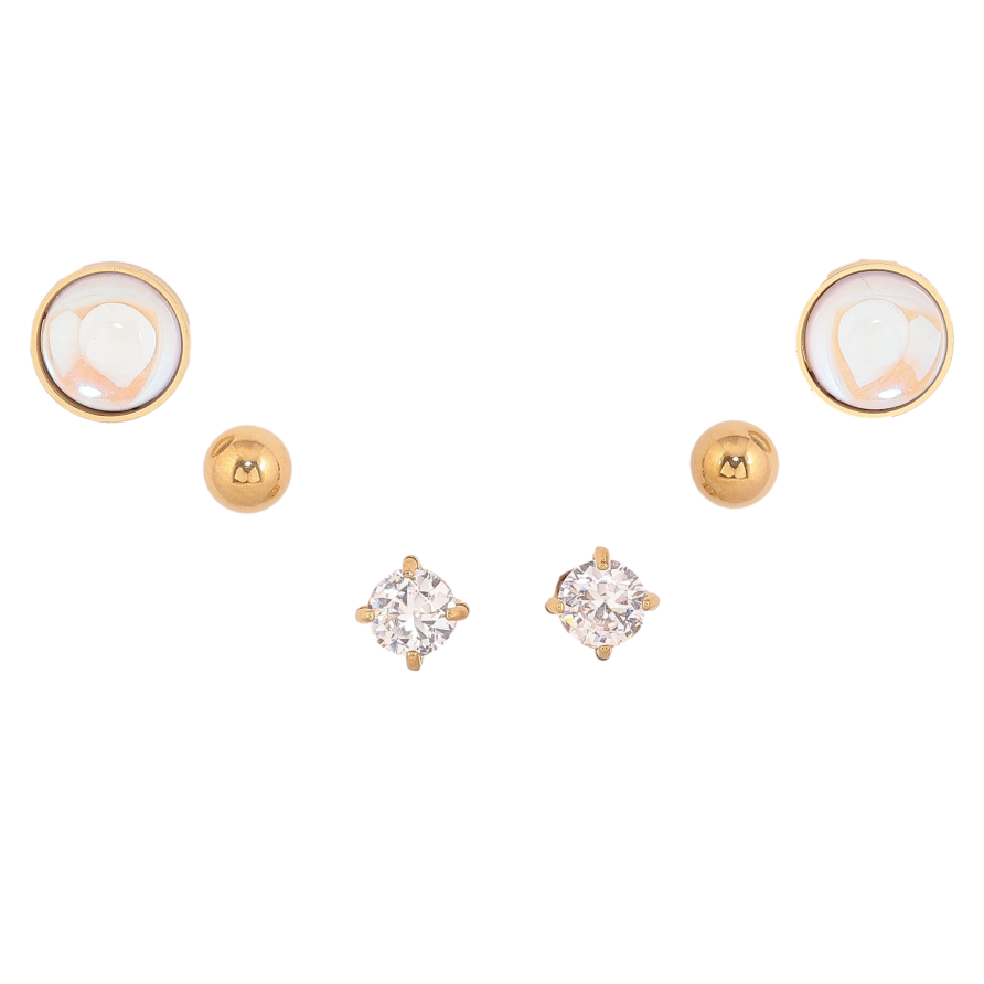 Сережки Набір (3 пари) Xuping TTM Stainless Steel колір 14К пусети "Два кристали та кулька" ø 5мм, 5мм, 9мм фото №1