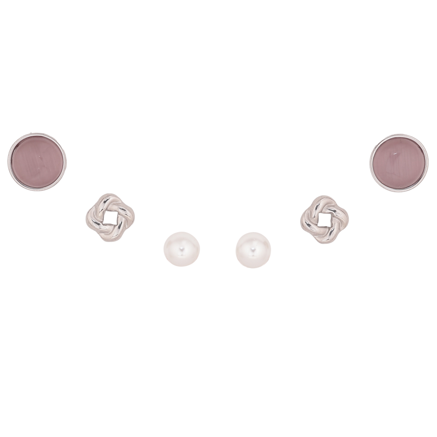 Серьги Набор (3 пары) Xuping TTM Stainless Steel цвет Родий пусеты "Кристаллы, цветочки и жемчужины" ø 5мм, 8мм фото №1