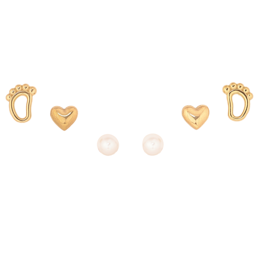 Сережки Набір (3 пари) Xuping TTM Stainless Steel колір 14К пусети "Ніжки, серця та перлини" ø 5мм фото №1