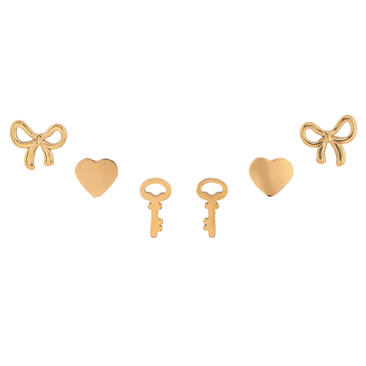 Сережки Набір (3 пари) Xuping TTM Stainless Steel колір 14К пусети "Бантики, серця та ключики" фото №11