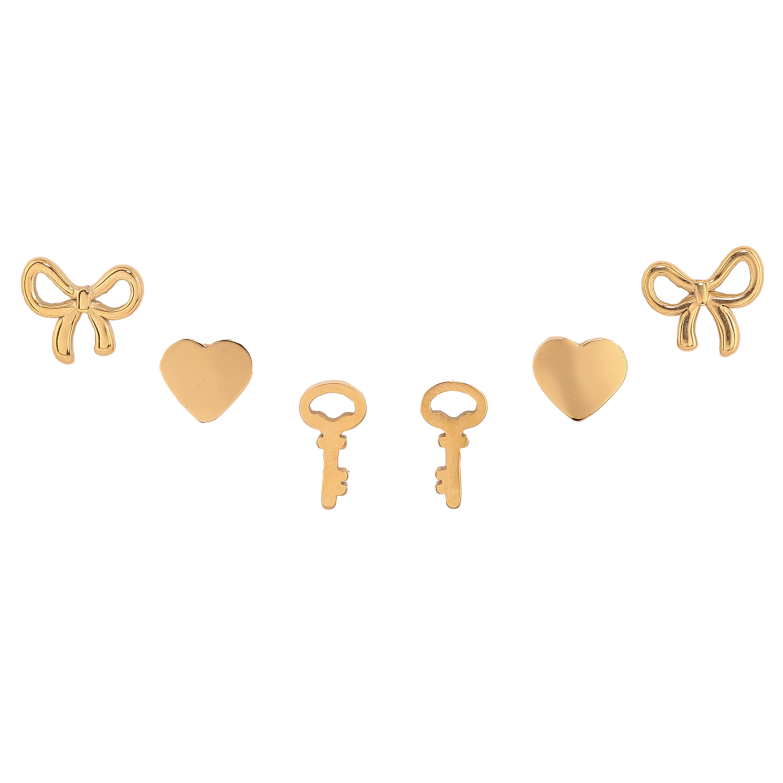 Сережки Набір (3 пари) Xuping TTM Stainless Steel колір 14К пусети "Бантики, серця та ключики" фото №1