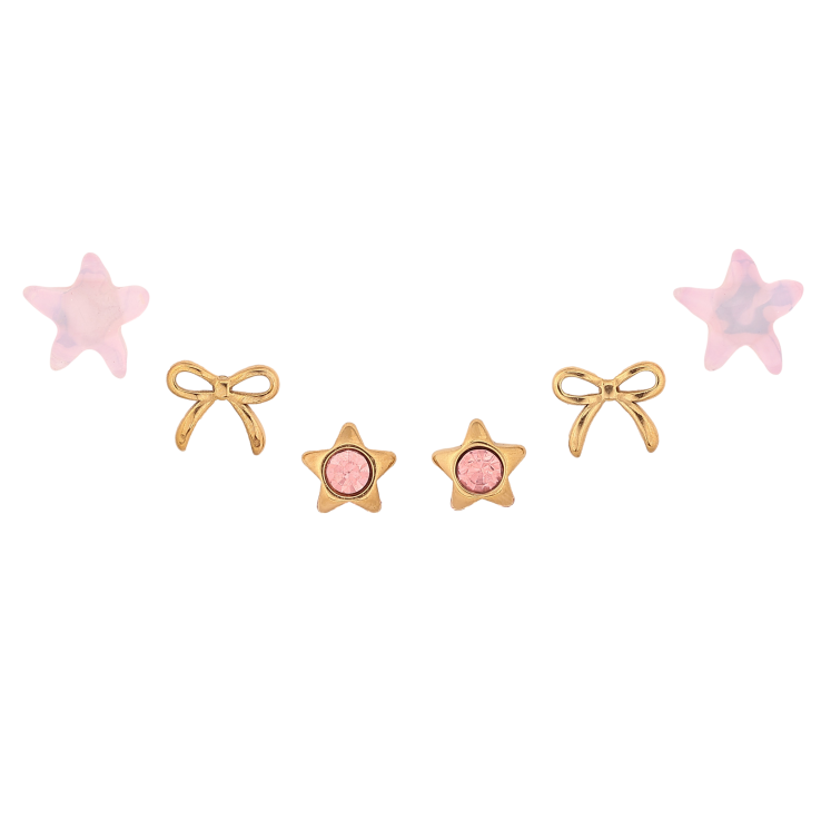 Сережки Набір (3 пари) Xuping TTM Stainless Steel колір 14К пусети "Рожеві кристальні зірки та бантики" фото №7