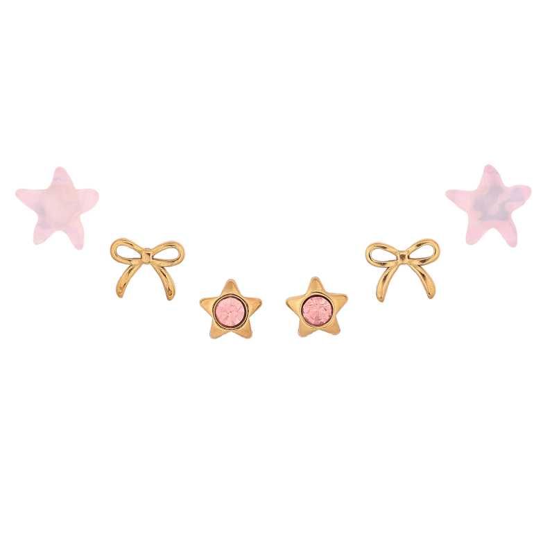 Сережки Набір (3 пари) Xuping TTM Stainless Steel колір 14К пусети "Рожеві кристальні зірки та бантики" фото №1