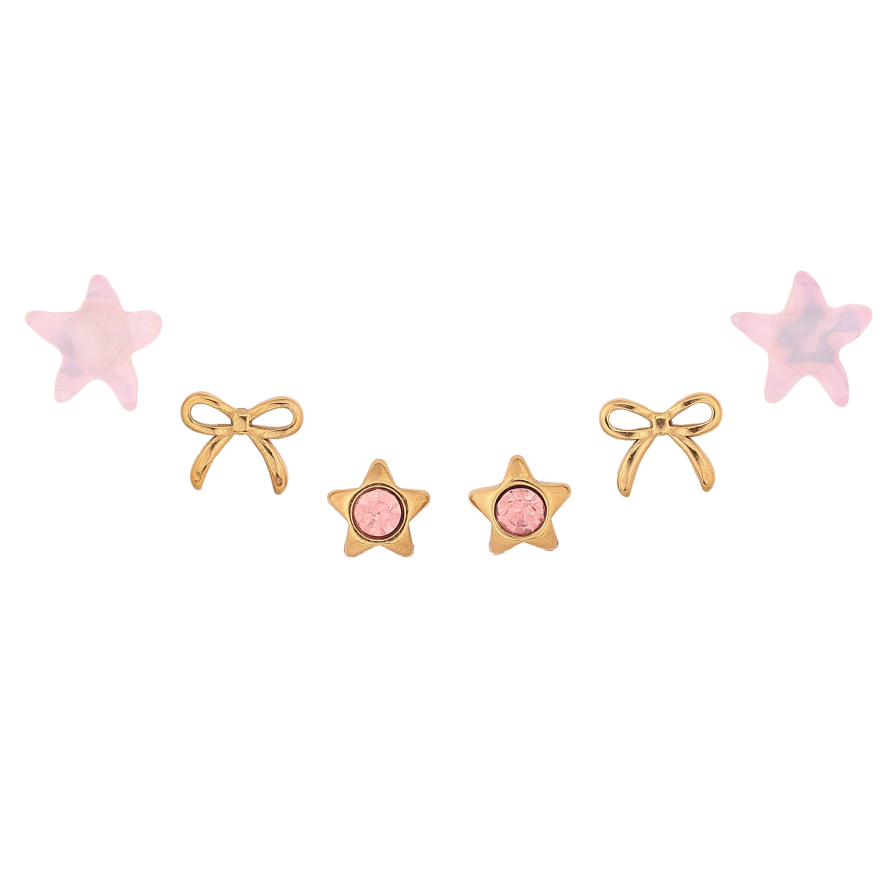 Сережки Набір (3 пари) Xuping TTM Stainless Steel колір 14К пусети "Рожеві кристальні зірки та бантики" фото №1