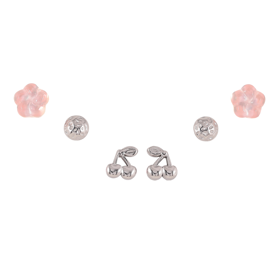 Серьги Набор (3 пары) Xuping TTM Stainless Steel цвет Родий пусеты "Цветочки, круги и вишенки" ø 6мм фото №1