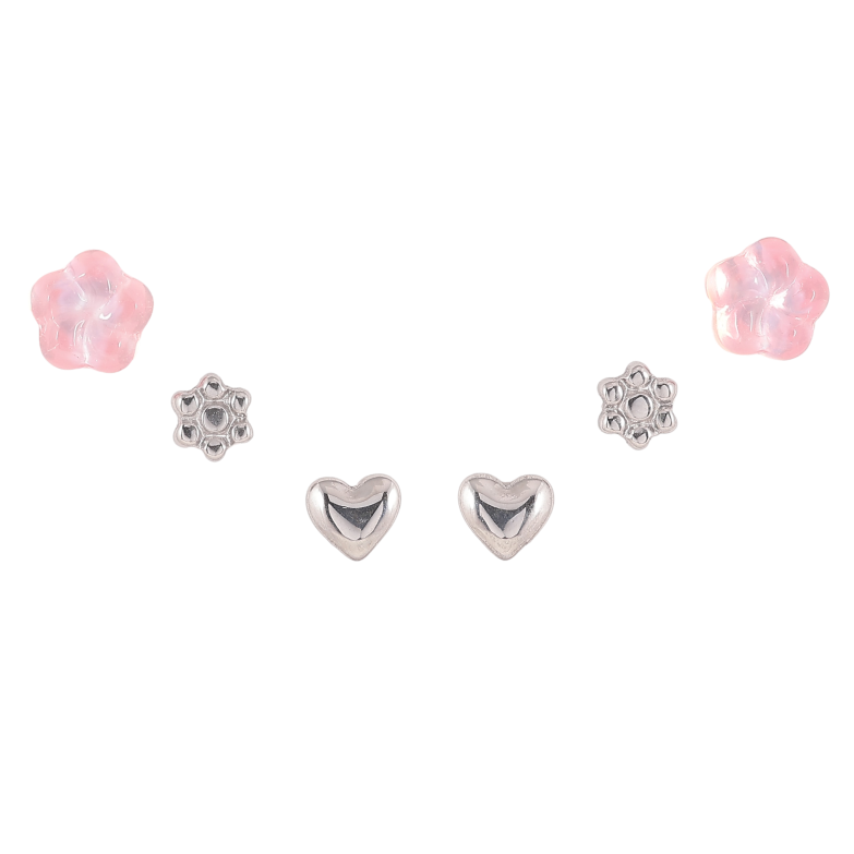 Серьги Набор (3 пары) Xuping TTM Stainless Steel цвет Родий пусеты "Цветочки с сердечками" фото №1