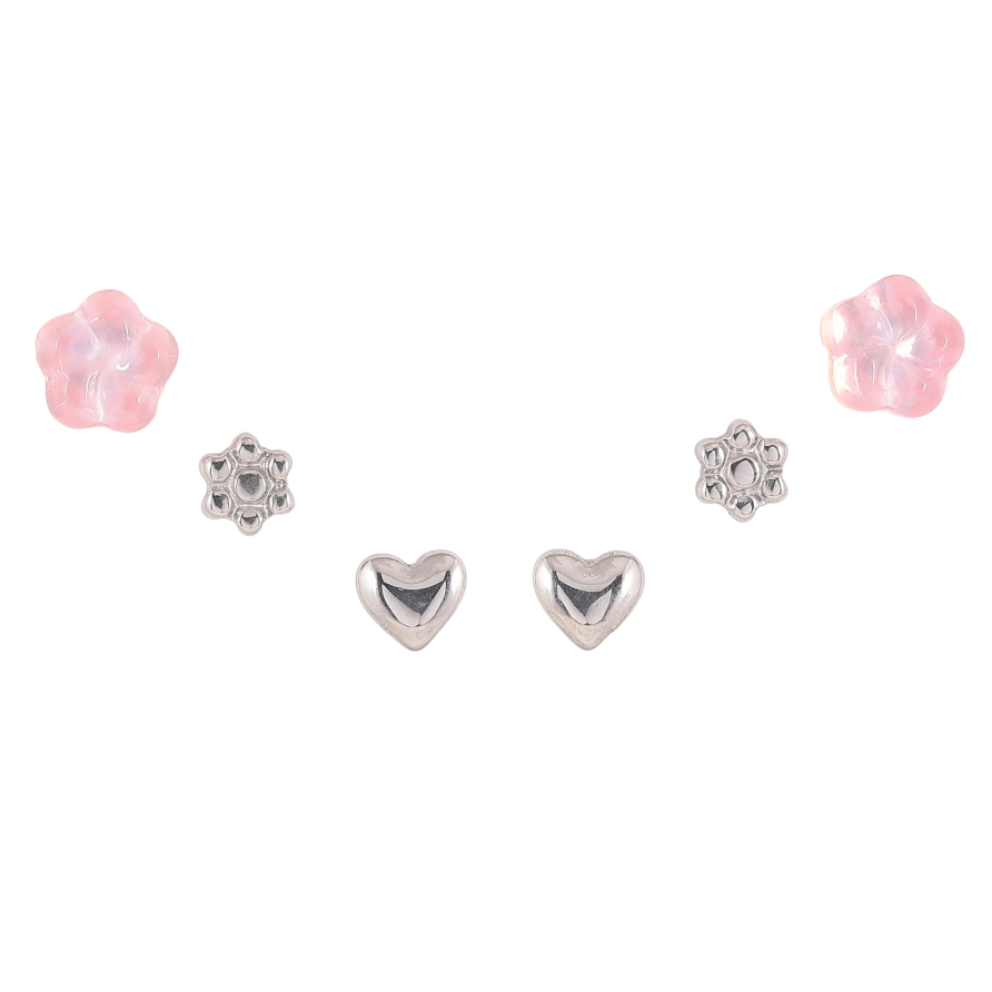 Серьги Набор (3 пары) Xuping TTM Stainless Steel цвет Родий пусеты "Цветочки с сердечками" фото №1