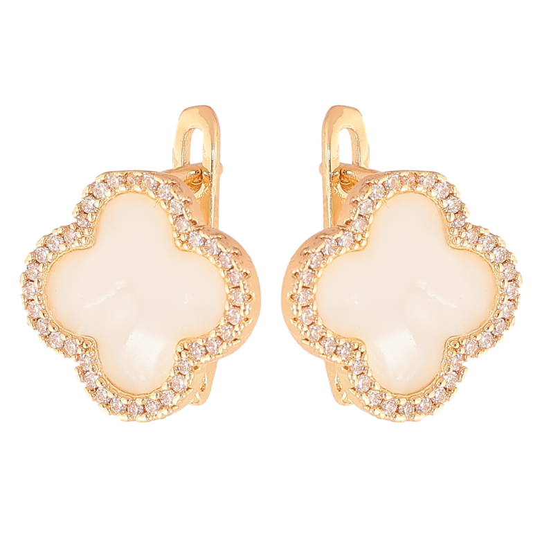 Сережки Нержавіюча сталь англійський замок "Конюшина з перламутровими вставками та кристалами" фото №1