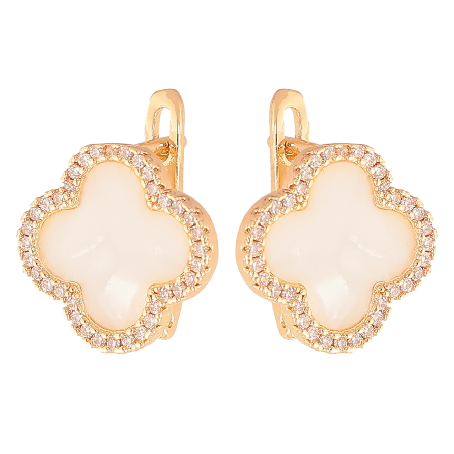 Серьги Нержавеющая сталь английский замок "Клевер с перламутровыми вставками и кристаллами" фото №1