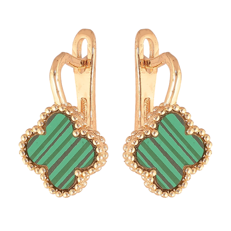 Сережки Нержавіюча сталь англійський замок "Конюшина із зеленими вставками" фото №1